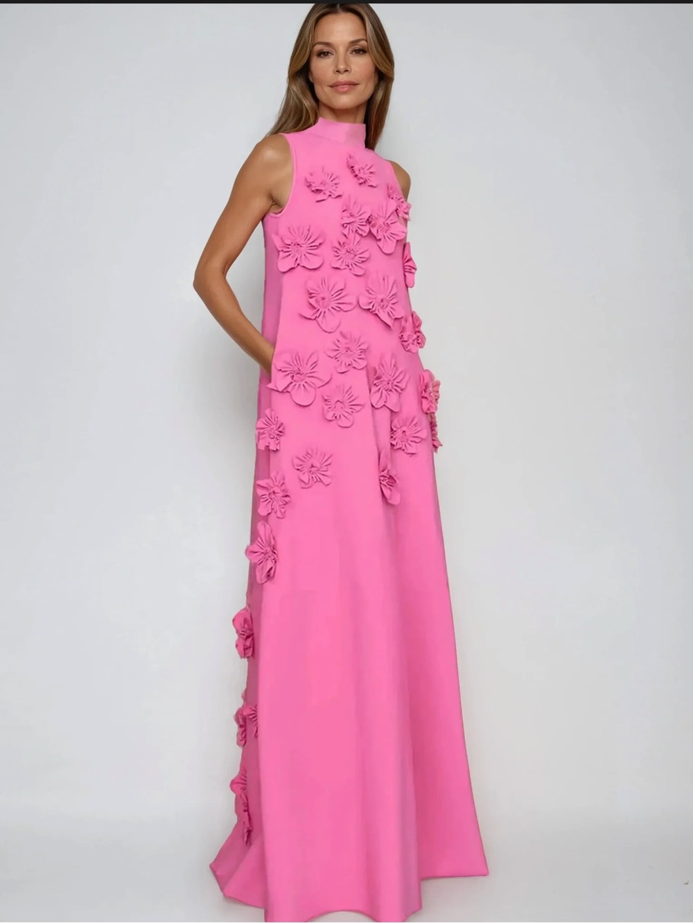 High-Neck Pink Floral Appliqué Maxi Dress